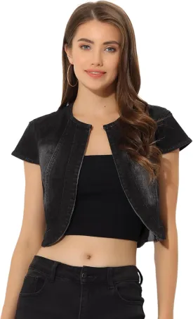 Allegra K Women's Denim Jacket Short Sleeve Jean Jacket Slim Fit Summer Outfits Casual Cropped Jacket