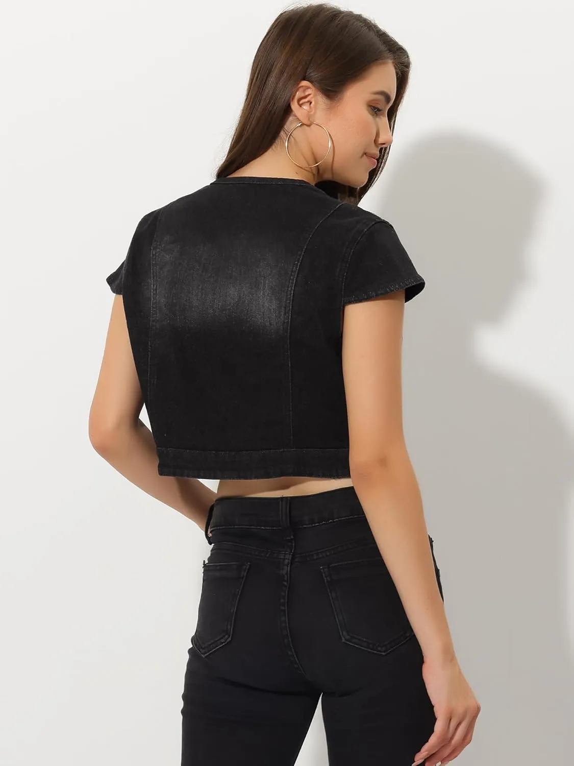 Allegra K Women's Denim Jacket Short Sleeve Jean Jacket Slim Fit Summer Outfits Casual Cropped Jacket