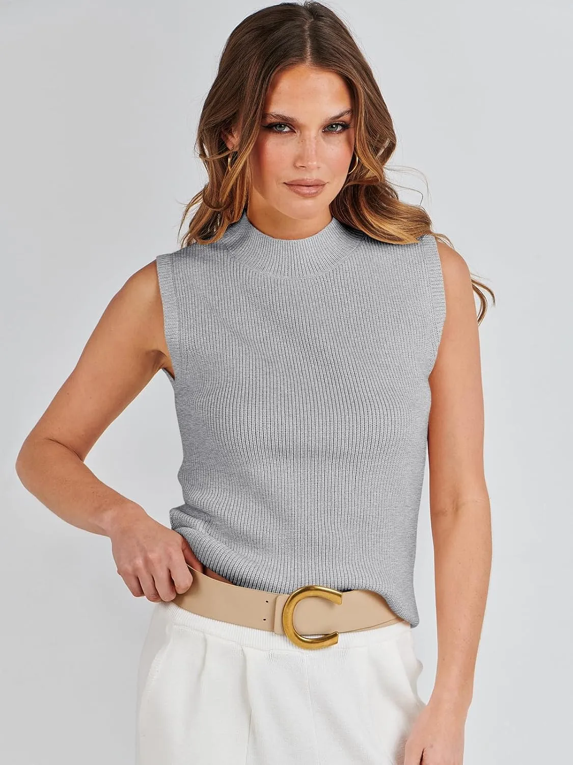 ANRABESS Womens Summer Sleeveless Tops Casual Mock Neck Loose Fit Knit Lightweight Sweater Pullover Top