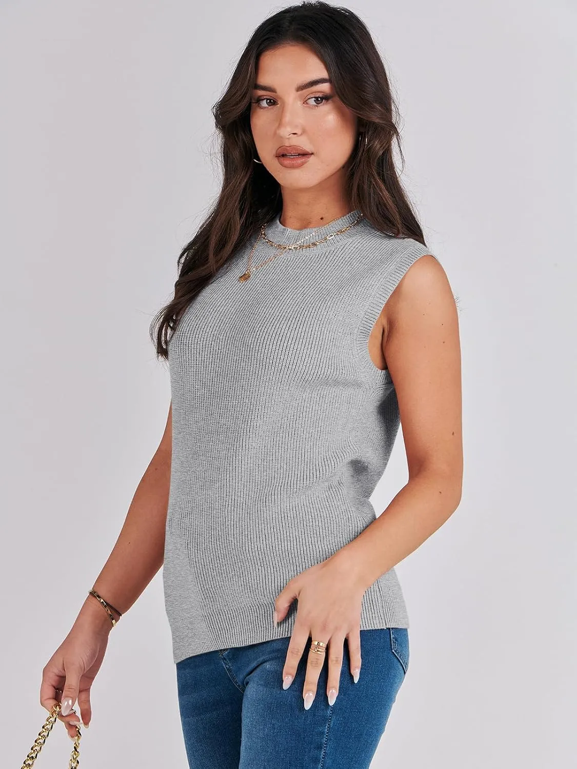 ANRABESS Womens Summer Sleeveless Tops Casual Mock Neck Loose Fit Knit Lightweight Sweater Pullover Top