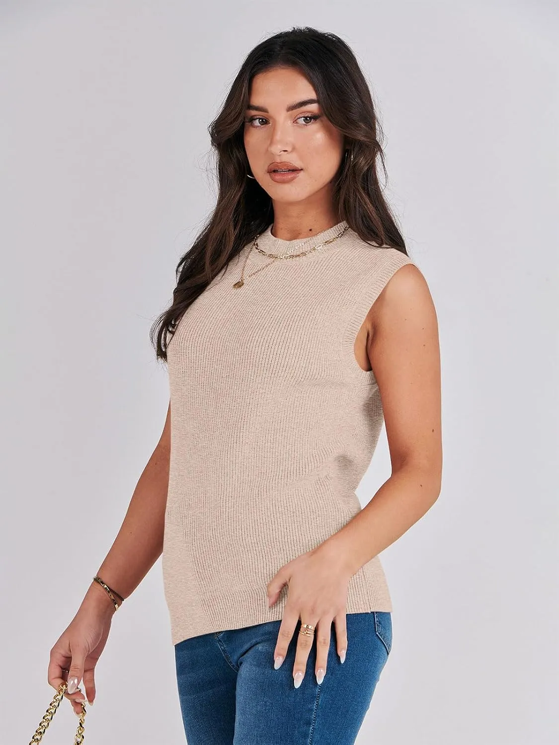 ANRABESS Womens Summer Sleeveless Tops Casual Mock Neck Loose Fit Knit Lightweight Sweater Pullover Top