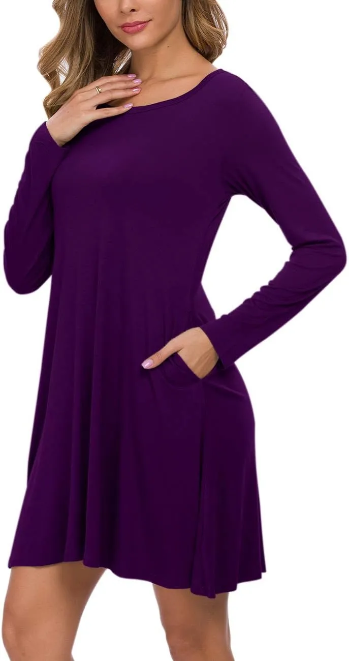 AUSELILY Women's Long Sleeve Casual Swing T-Shirt Dresses with Pockets