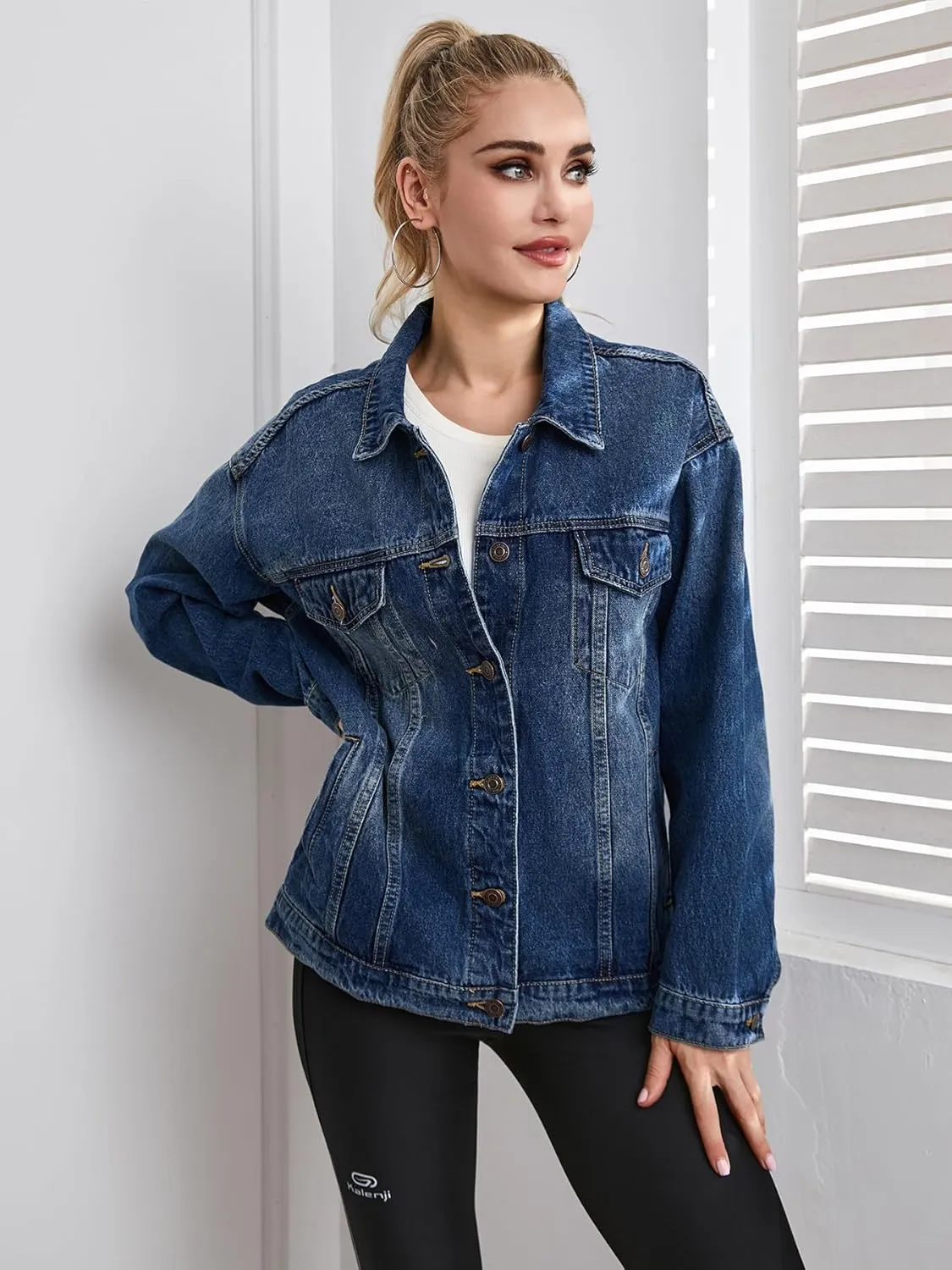 Cantonwalker Women's Oversize Vintage Washed Boyfriend Denim Jacket Long Sleeve Classic Loose Jean Trucker Jacket 003