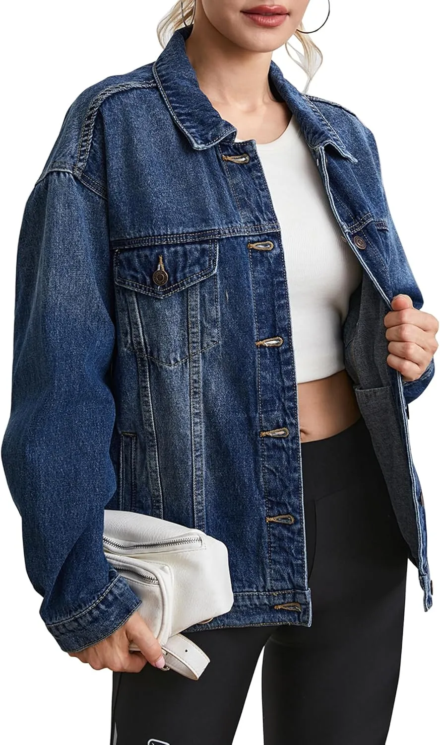Cantonwalker Women's Oversize Vintage Washed Boyfriend Denim Jacket Long Sleeve Classic Loose Jean Trucker Jacket 003
