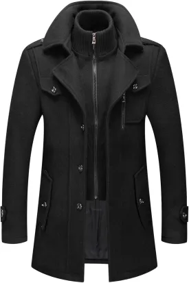 CHARTOU Men's Thermal Single Breasted Wool Blend Coat Business Peacoat with Detachable Zipper