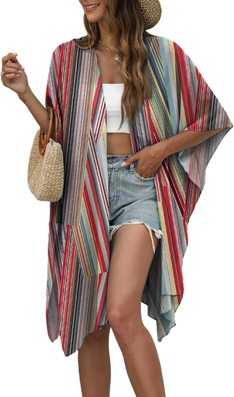 Chunoy Women Lightweight Kimono Cardigan Short Sleeve Loose Beach Wear Cover Up