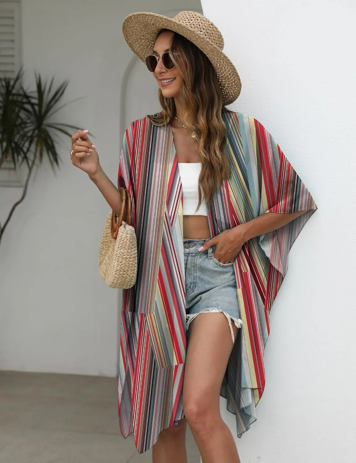 Chunoy Women Lightweight Kimono Cardigan Short Sleeve Loose Beach Wear Cover Up