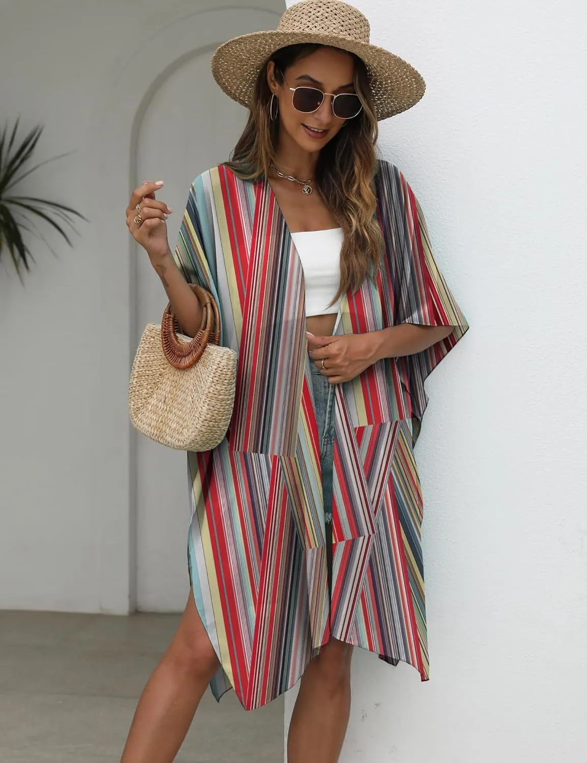 Chunoy Women Lightweight Kimono Cardigan Short Sleeve Loose Beach Wear Cover Up