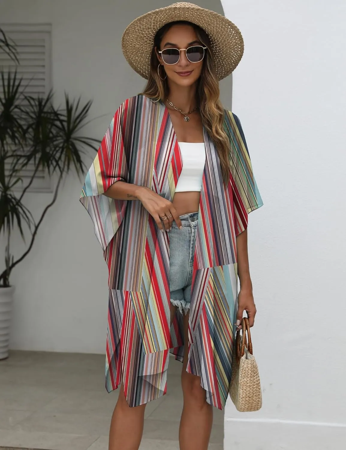 Chunoy Women Lightweight Kimono Cardigan Short Sleeve Loose Beach Wear Cover Up