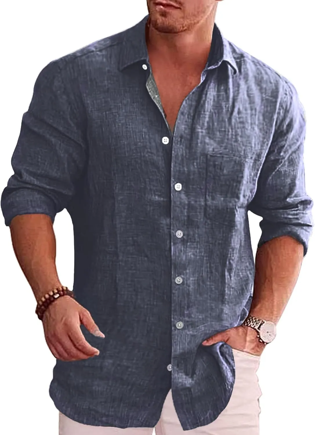 COOFANDY Men's Casual Button Down Shirt Long Sleeve Linen Chambray Shirt