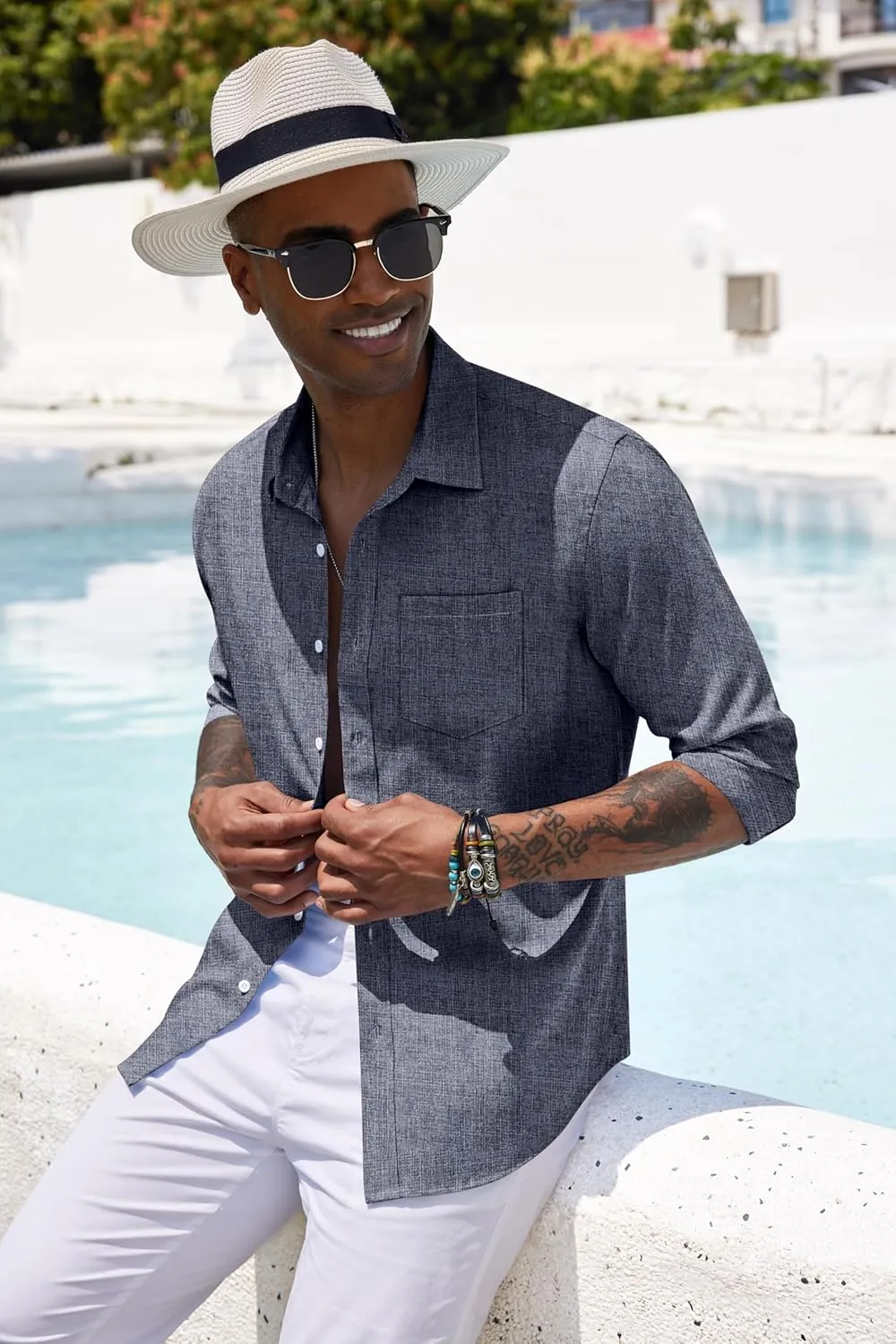 COOFANDY Men's Casual Button Down Shirt Long Sleeve Linen Chambray Shirt