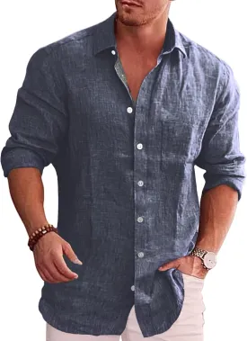 COOFANDY Men's Casual Button Down Shirt Long Sleeve Linen Chambray Shirt