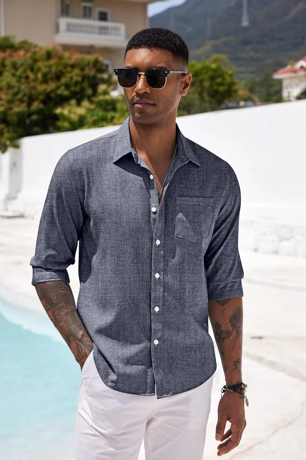 COOFANDY Men's Casual Button Down Shirt Long Sleeve Linen Chambray Shirt