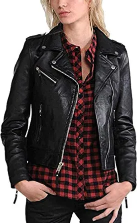 D DOLLY LAMB Women's Lambskin Leather Moto Biker Jacket - Winter Wear - Round Neck Collar