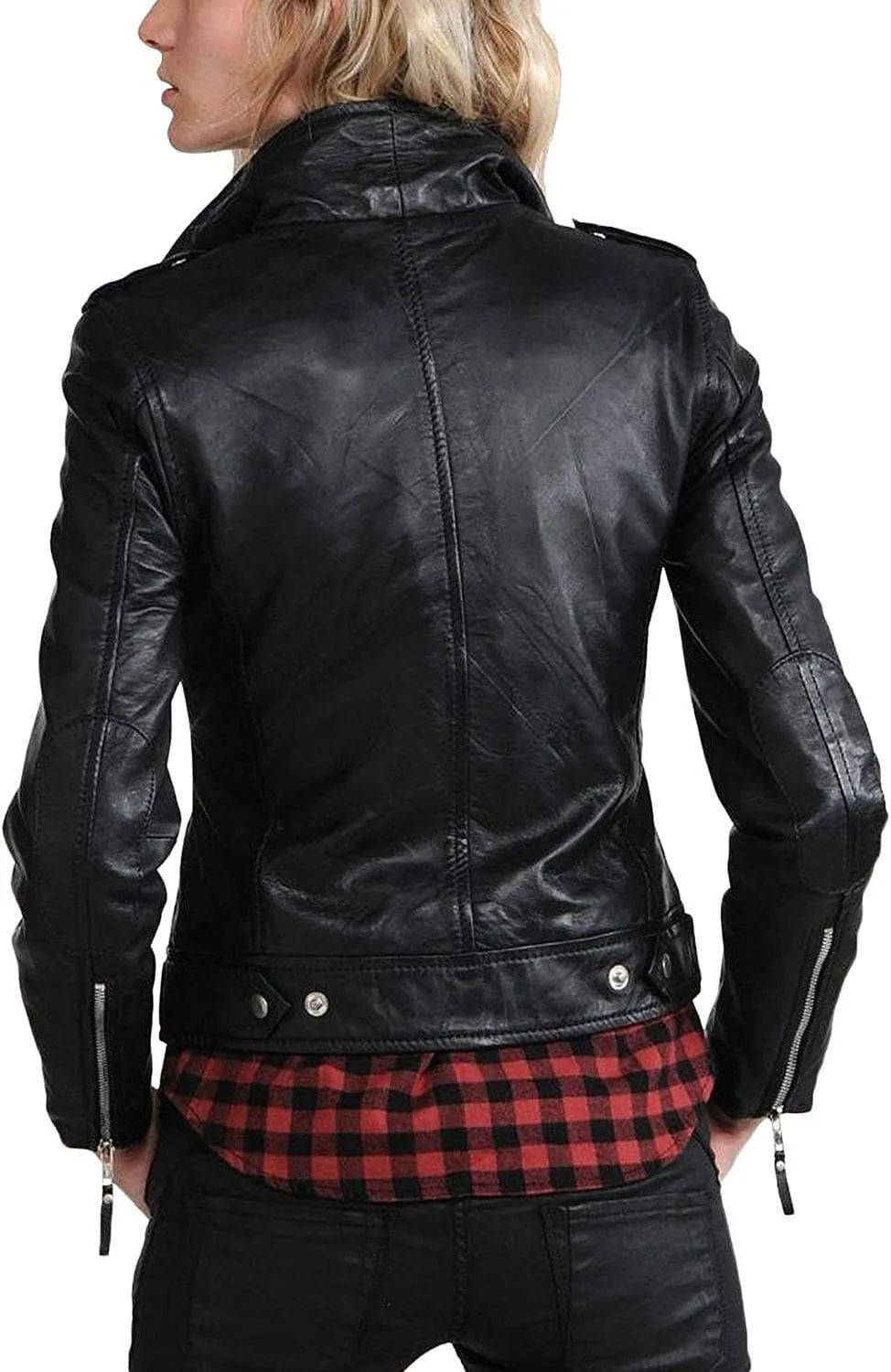 D DOLLY LAMB Women's Lambskin Leather Moto Biker Jacket - Winter Wear - Round Neck Collar