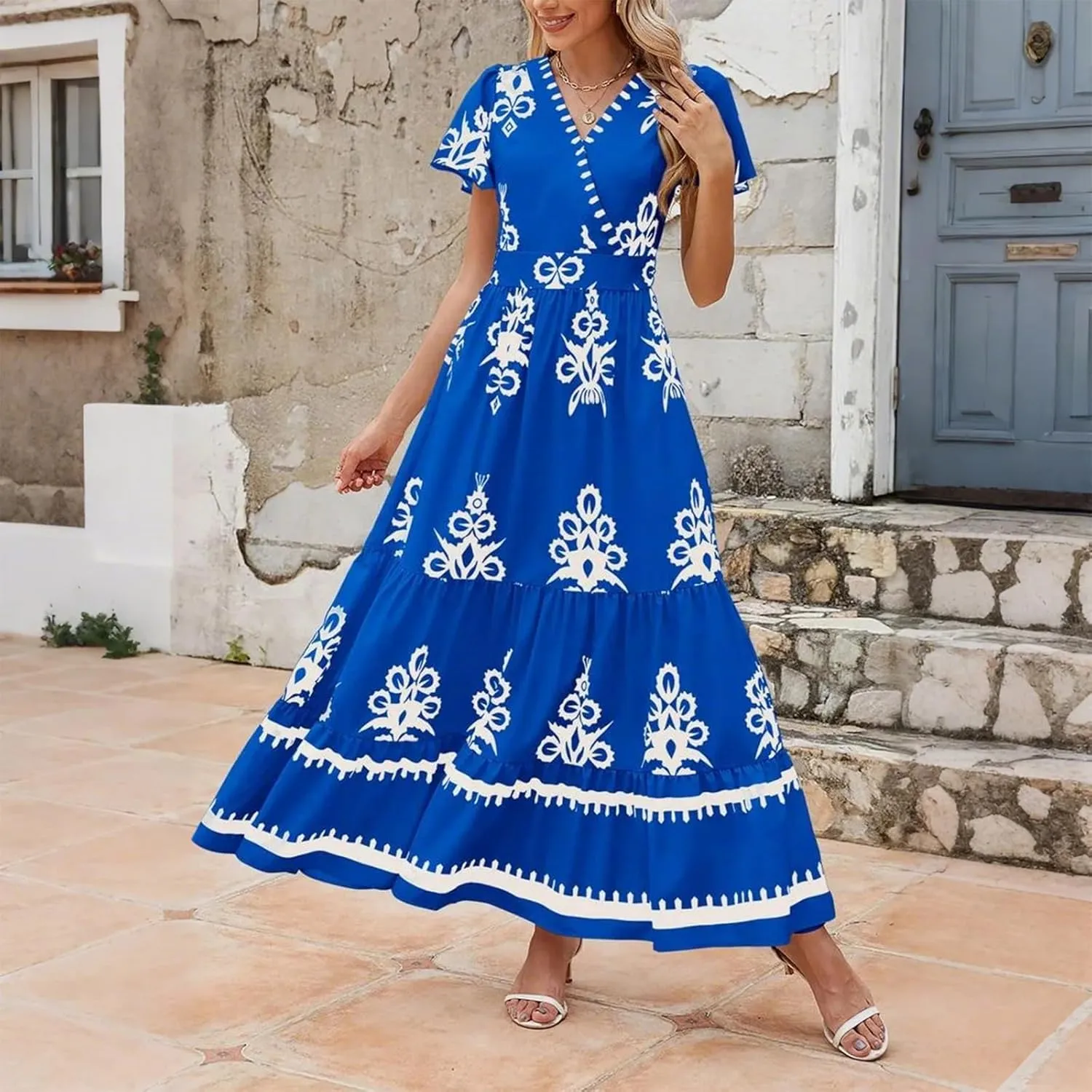 Dresses for Women Summer Casual V Neck Boho Maxi Dress Flowy Aline Bell Sleeve Tiered Floral Dresses with Pocket