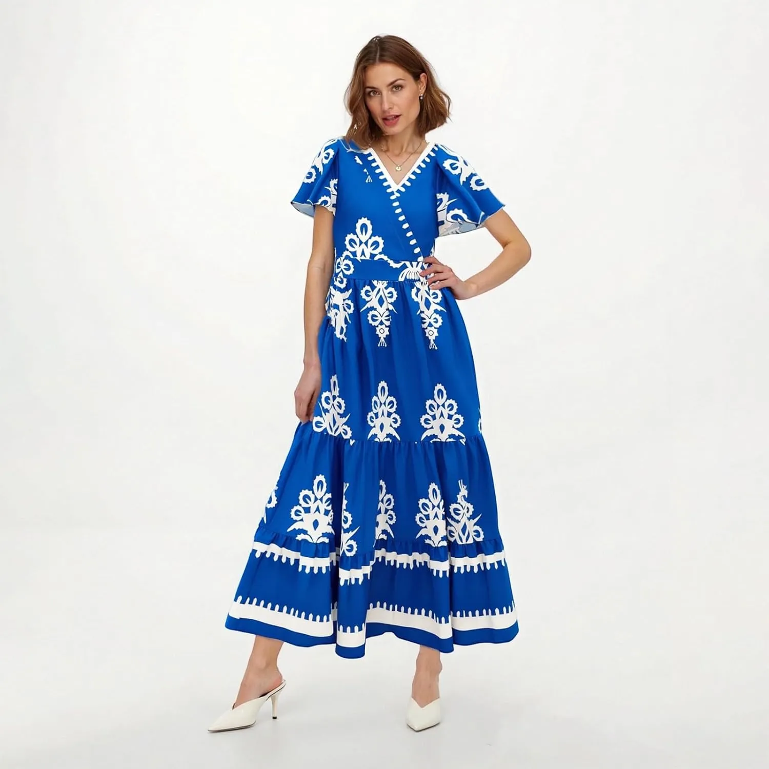 Dresses for Women Summer Casual V Neck Boho Maxi Dress Flowy Aline Bell Sleeve Tiered Floral Dresses with Pocket