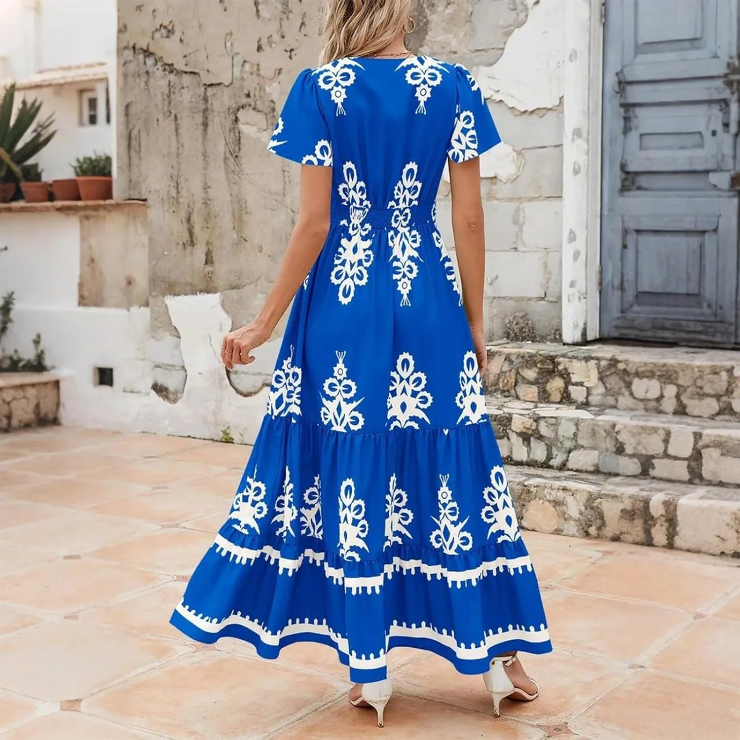 Dresses for Women Summer Casual V Neck Boho Maxi Dress Flowy Aline Bell Sleeve Tiered Floral Dresses with Pocket