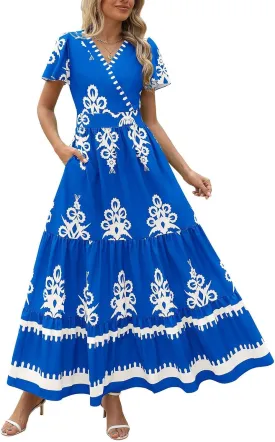 Dresses for Women Summer Casual V Neck Boho Maxi Dress Flowy Aline Bell Sleeve Tiered Floral Dresses with Pocket