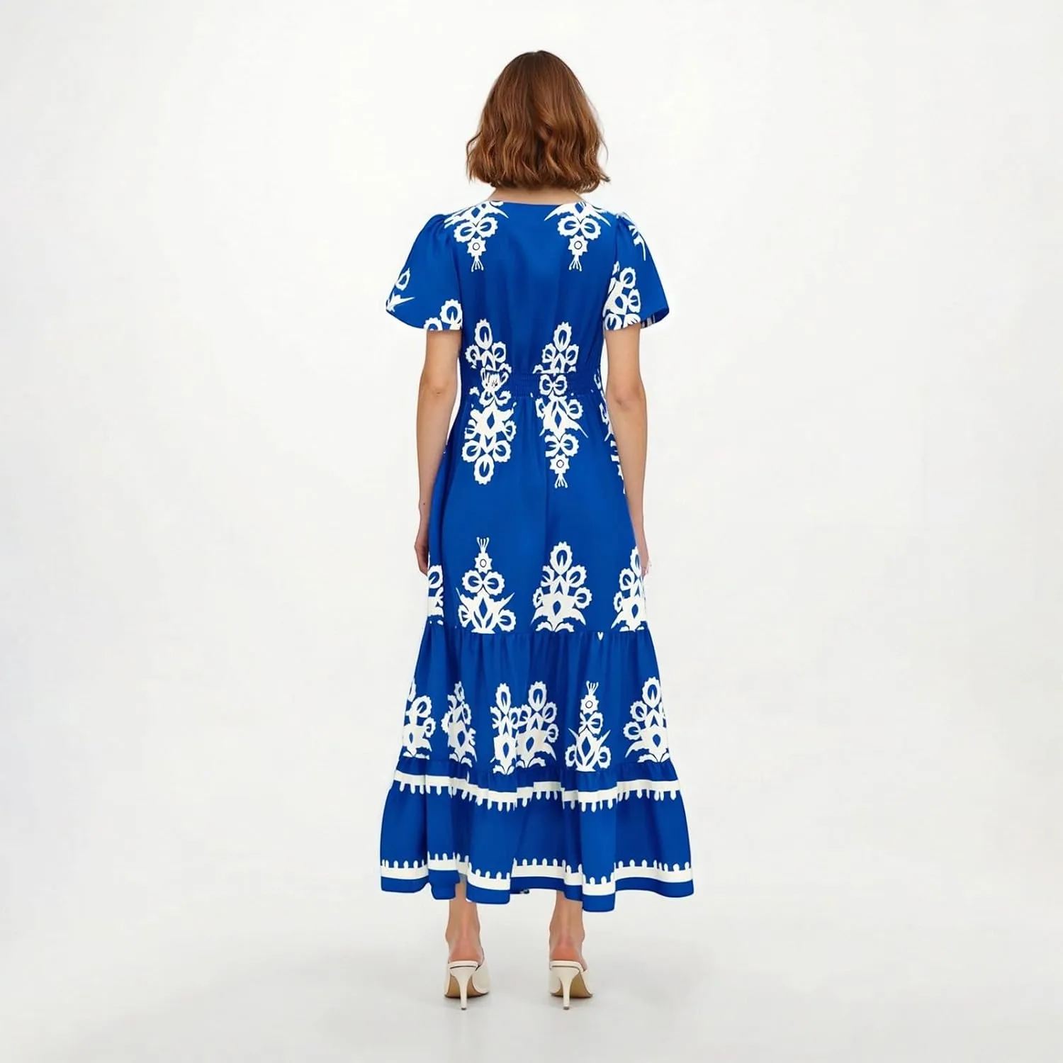 Dresses for Women Summer Casual V Neck Boho Maxi Dress Flowy Aline Bell Sleeve Tiered Floral Dresses with Pocket