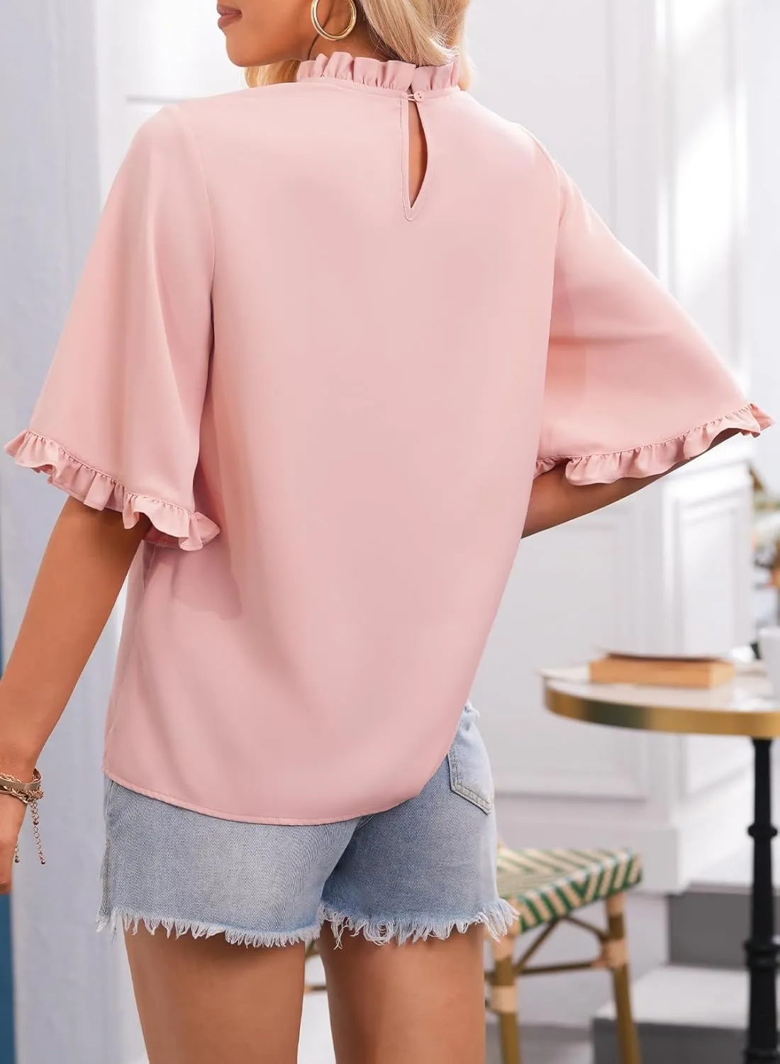 EVALESS Womens Half Sleeve Tops Cute Chiffon Blouses Summer Lightweight Ruffle Sleeeve Shirts Loose Fit Daily Wear 2025