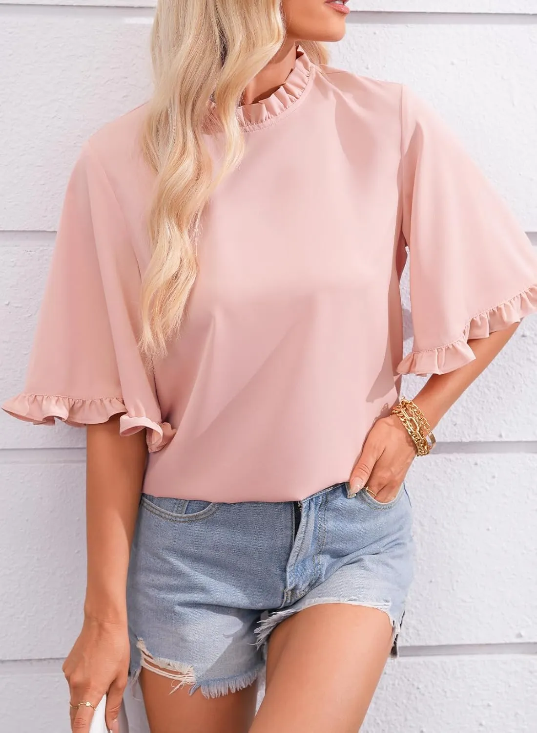 EVALESS Womens Half Sleeve Tops Cute Chiffon Blouses Summer Lightweight Ruffle Sleeeve Shirts Loose Fit Daily Wear 2025