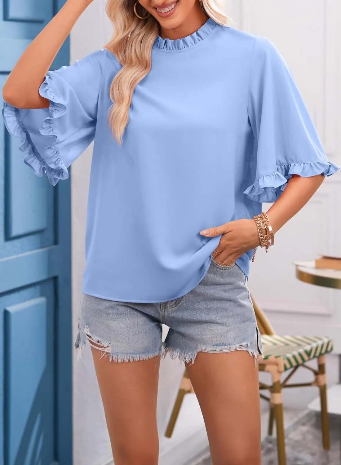EVALESS Womens Half Sleeve Tops Cute Chiffon Blouses Summer Lightweight Ruffle Sleeeve Shirts Loose Fit Daily Wear 2025