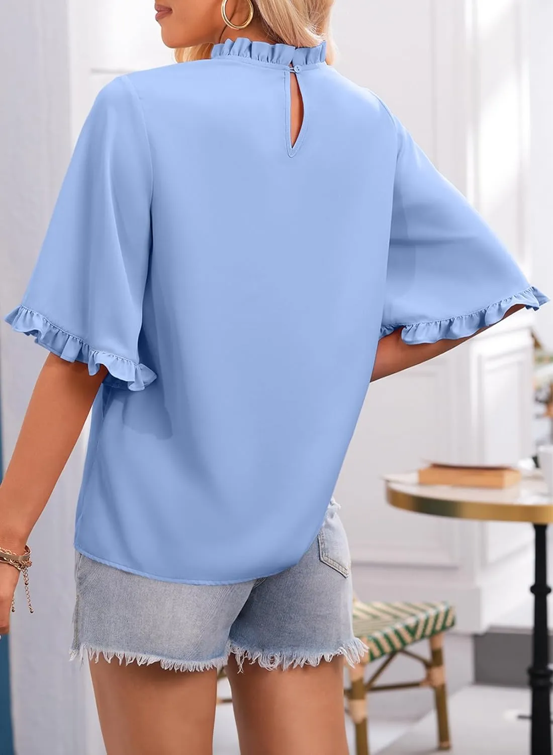 EVALESS Womens Half Sleeve Tops Cute Chiffon Blouses Summer Lightweight Ruffle Sleeeve Shirts Loose Fit Daily Wear 2025