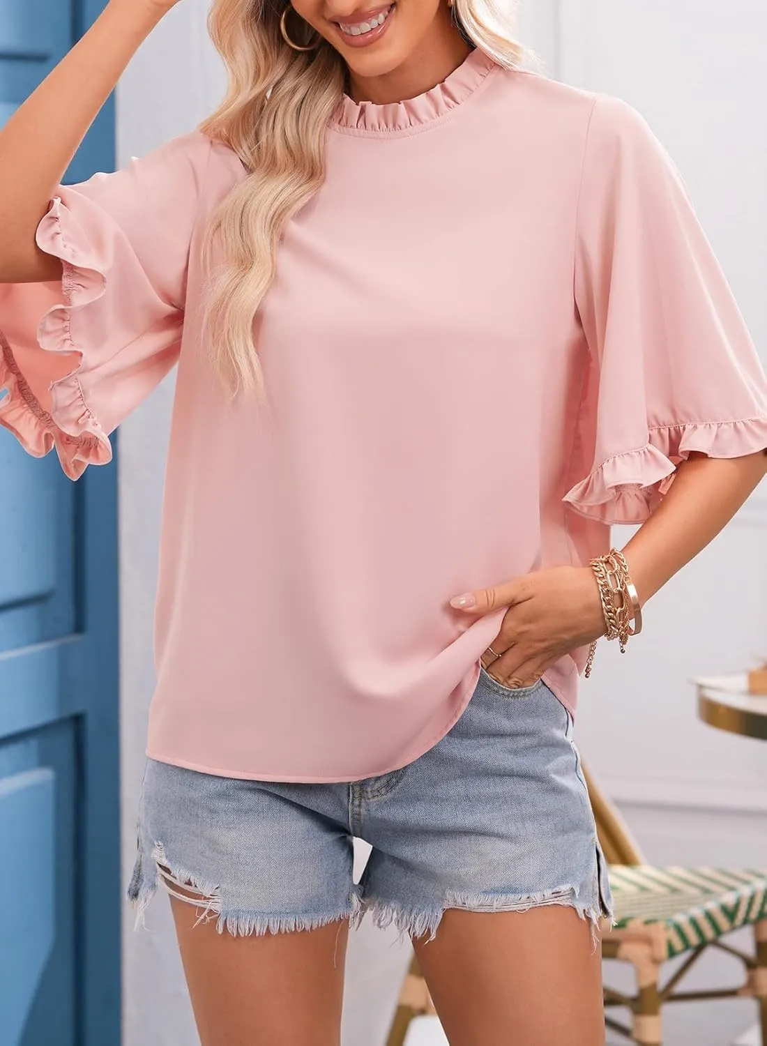 EVALESS Womens Half Sleeve Tops Cute Chiffon Blouses Summer Lightweight Ruffle Sleeeve Shirts Loose Fit Daily Wear 2025
