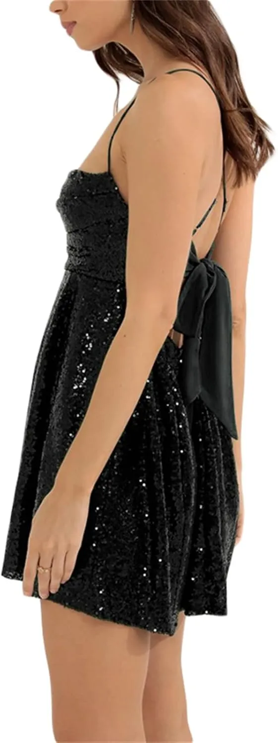 FEORJGP Womens Sparkly Sequin Mini Dress Shiny Spaghetti Strap Short Dress Glitter Disco Slip Dress Cocktail Party Club Dress