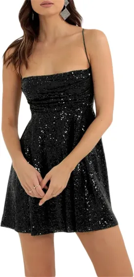 FEORJGP Womens Sparkly Sequin Mini Dress Shiny Spaghetti Strap Short Dress Glitter Disco Slip Dress Cocktail Party Club Dress