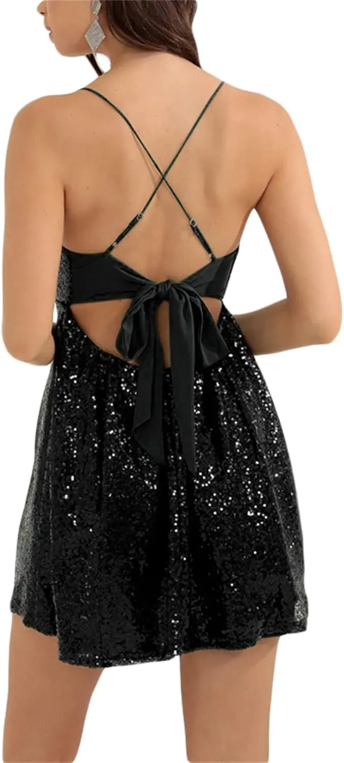 FEORJGP Womens Sparkly Sequin Mini Dress Shiny Spaghetti Strap Short Dress Glitter Disco Slip Dress Cocktail Party Club Dress