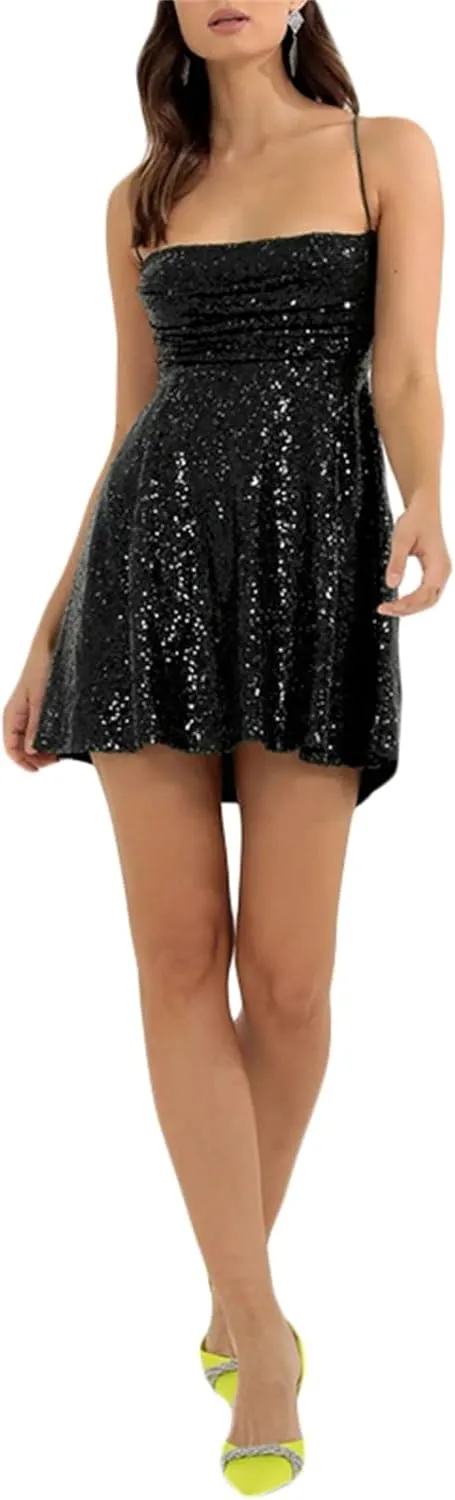 FEORJGP Womens Sparkly Sequin Mini Dress Shiny Spaghetti Strap Short Dress Glitter Disco Slip Dress Cocktail Party Club Dress