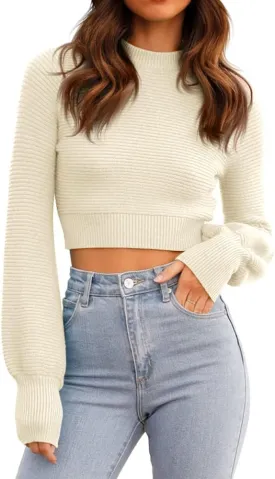 GeGekoko Womens Sexy Crew Neck Cropped Sweaters Ribbed Knit Long Sleeve Crop Tops Pullover