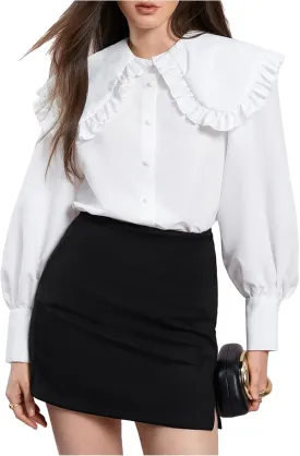GORGLITTER Women's Peter Pan Collar Shirt Blouse Long Sleeve Ruffle Large Doll Collar Button Shirt Tops Trendy 2025