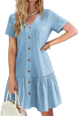 HOTOUCH Women Button Down Dress Loose Summer Cotton Linen Dress Ruffle Hem Casual Dress Short Sleeve Tunic Dress