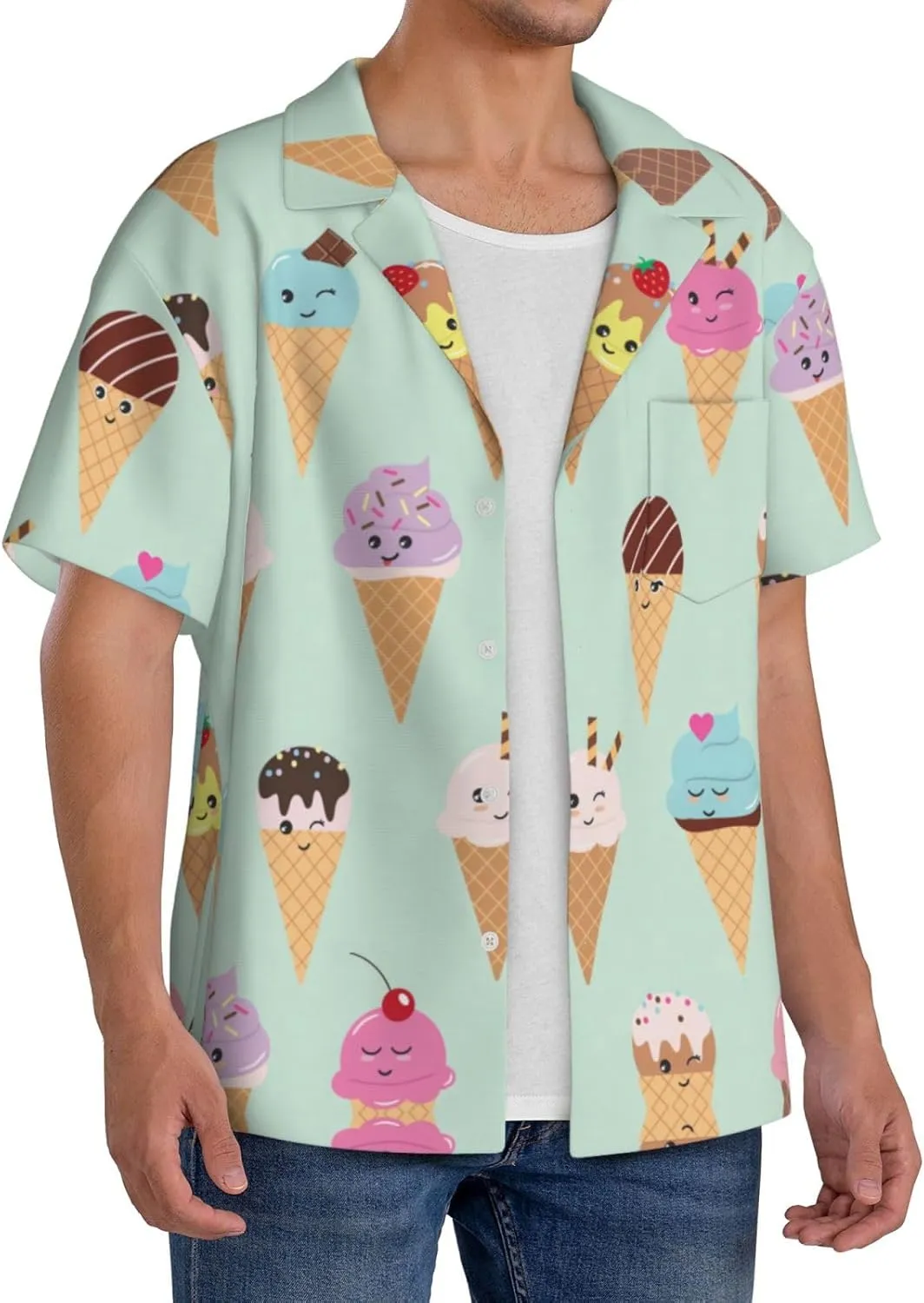 Ice Cream Cones Print Short-Sleeve Cuban Collar Shirt Beach Shirt,Perfectly Casual Button-Up Shirt
