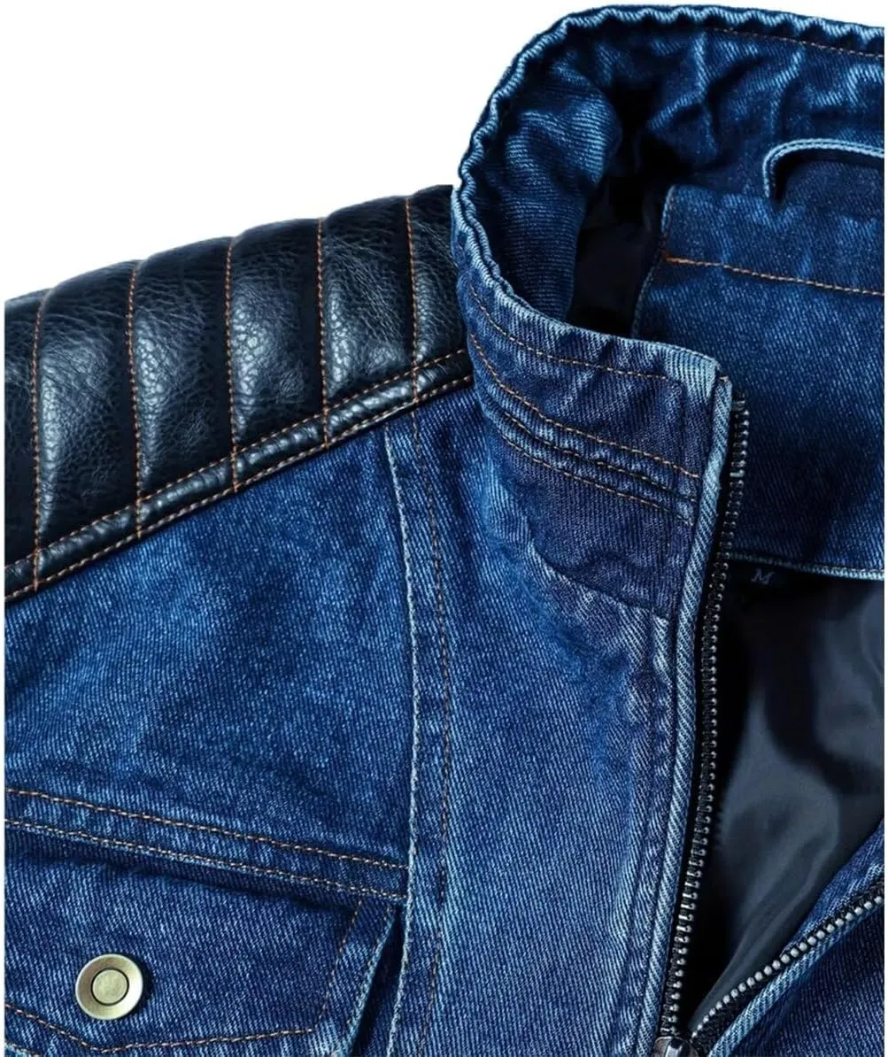 INVACHI Men's Denim Jacket Patchwork Faux Leather Motorcycle Jacket Slim Fit Biker Coat With Stand Collar