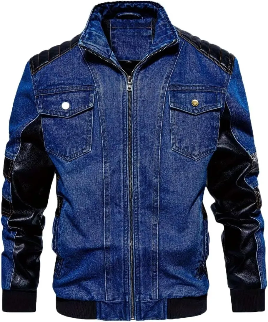 INVACHI Men's Denim Jacket Patchwork Faux Leather Motorcycle Jacket Slim Fit Biker Coat With Stand Collar