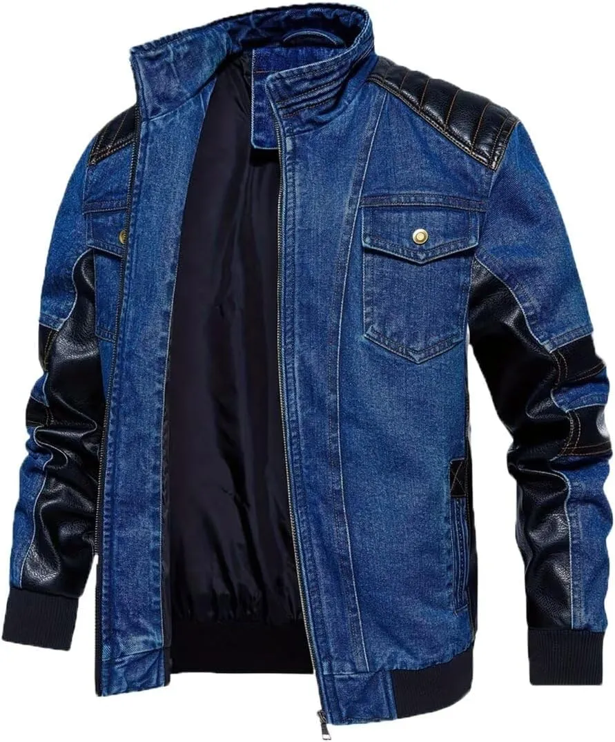 INVACHI Men's Denim Jacket Patchwork Faux Leather Motorcycle Jacket Slim Fit Biker Coat With Stand Collar