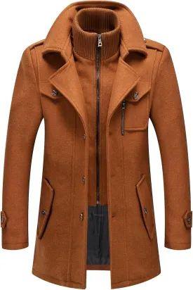 INVACHI Men's Wool Blend Coat Warm Winter Trench Coat with Detachable Soft Scarf Single Breasted Pea Coat