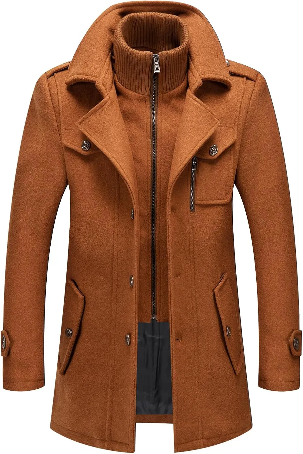 INVACHI Men's Wool Blend Coat Warm Winter Trench Coat with Detachable Soft Scarf Single Breasted Pea Coat
