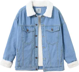 JEShifangjiusu Men'S Faux Fur Collar Sherpa Fleece Lined Distressed Denim Trucker Jacket Casual Winter Button Down Overcoat