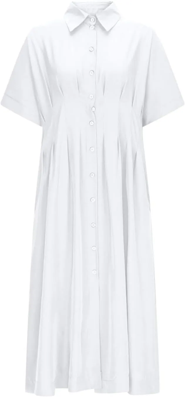 JOAU Women V Neck Button Down Front Pleated Shirt Midi Dress Summer Short Sleeve Lapel Collar A-Line Beach Vacation Dresses