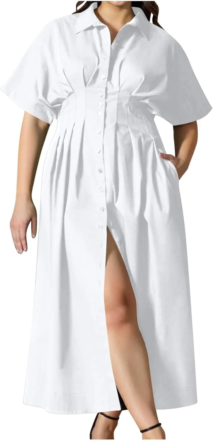 JOAU Women V Neck Button Down Front Pleated Shirt Midi Dress Summer Short Sleeve Lapel Collar A-Line Beach Vacation Dresses