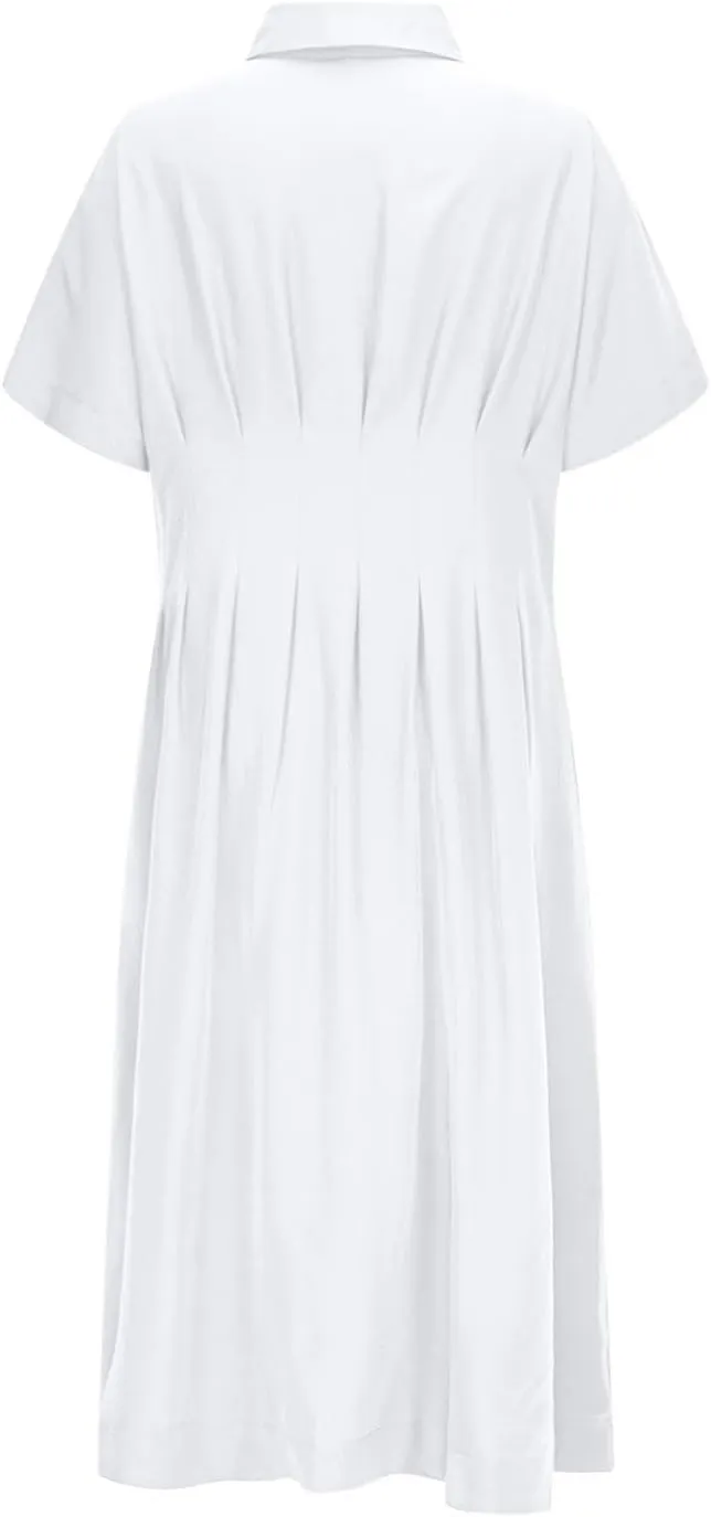 JOAU Women V Neck Button Down Front Pleated Shirt Midi Dress Summer Short Sleeve Lapel Collar A-Line Beach Vacation Dresses