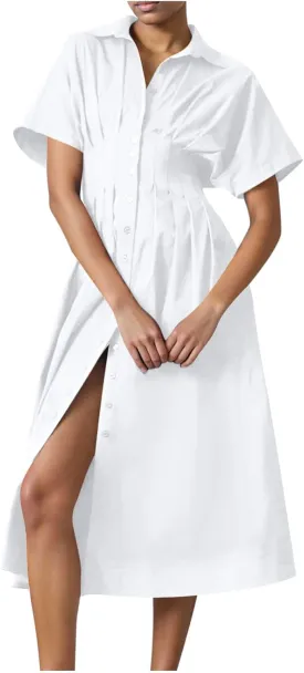 JOAU Women V Neck Button Down Front Pleated Shirt Midi Dress Summer Short Sleeve Lapel Collar A-Line Beach Vacation Dresses