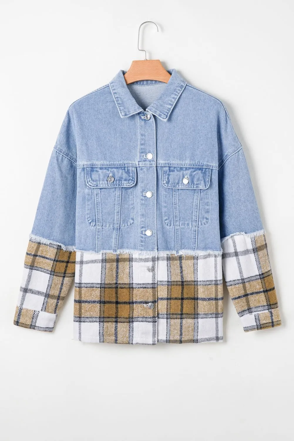 KevaMolly Womens Denim Jacket Long Sleeve Plaid Patchwork Buttoned Oversized Denim Jacket Pocket Button Daily Coat