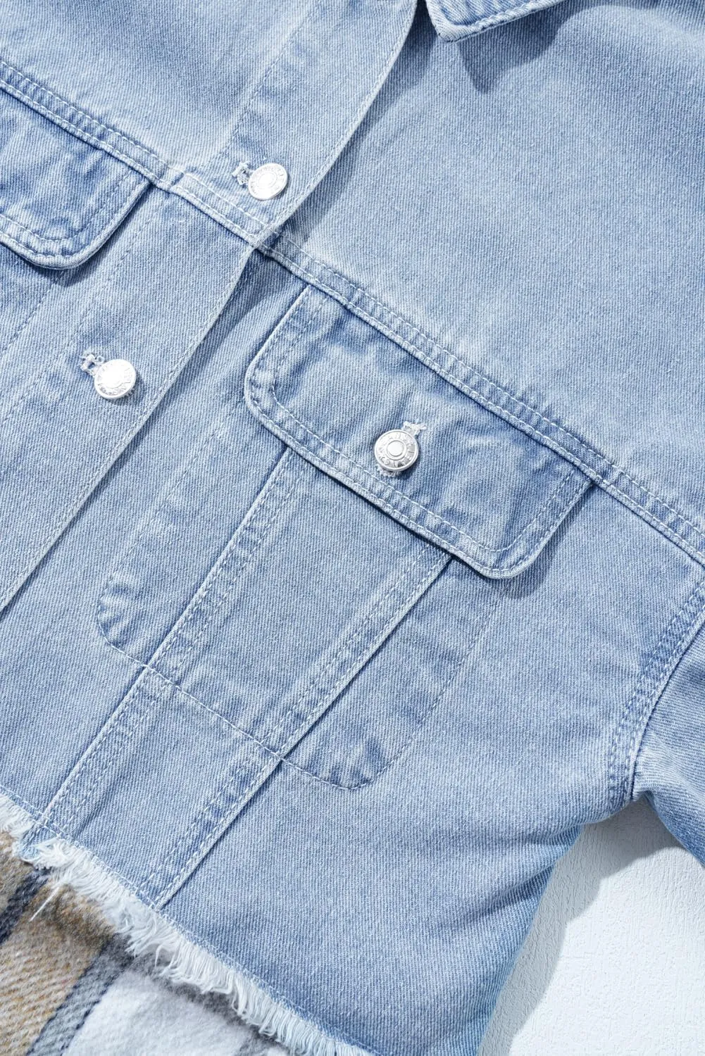 KevaMolly Womens Denim Jacket Long Sleeve Plaid Patchwork Buttoned Oversized Denim Jacket Pocket Button Daily Coat