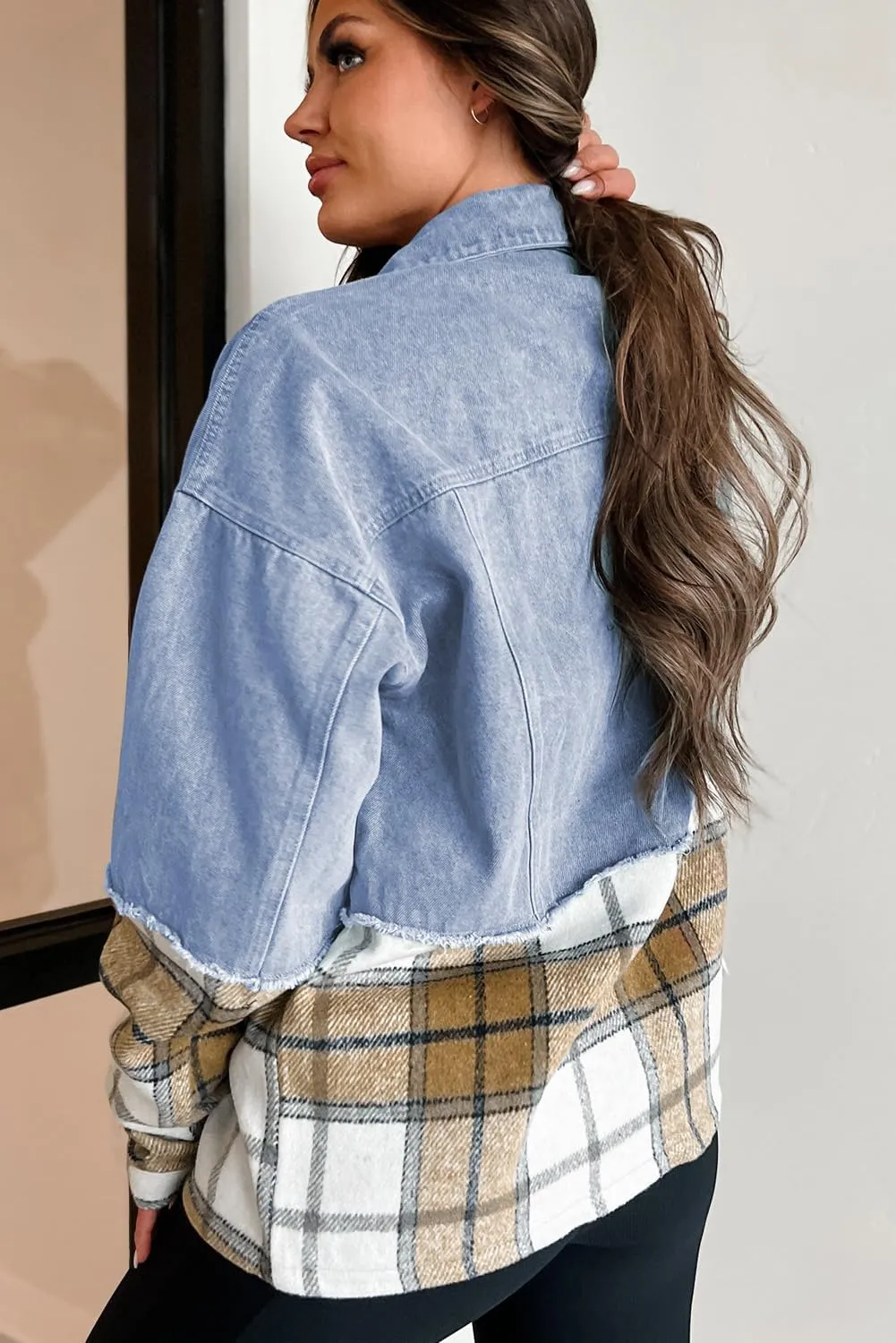 KevaMolly Womens Denim Jacket Long Sleeve Plaid Patchwork Buttoned Oversized Denim Jacket Pocket Button Daily Coat